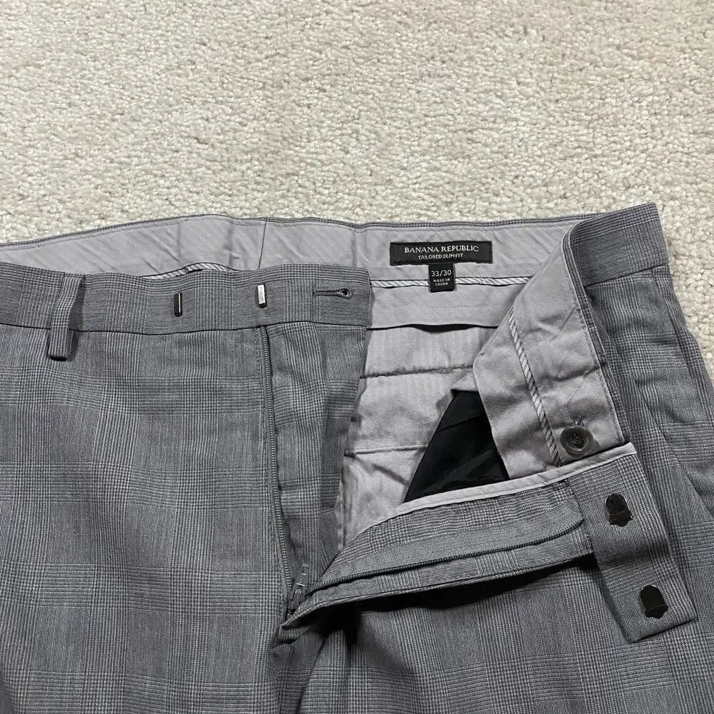 Banana Republic Pants Mens 33x30 Gray Wool Glen Plaid Tailored Slim Trousers